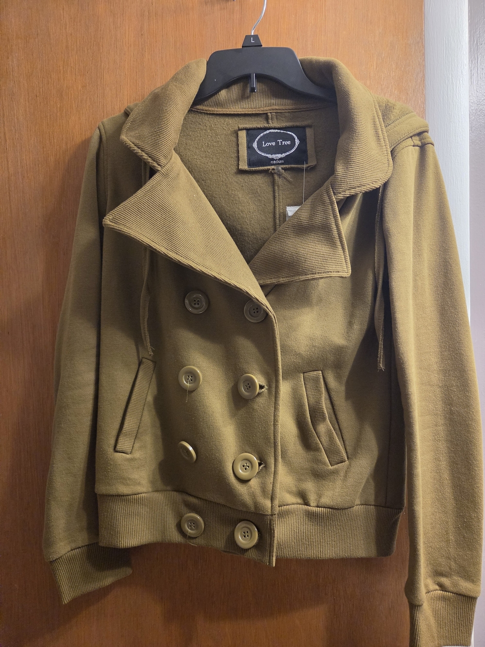 Love Tree Olive Green Double-Breasted Pea Coat Jacket